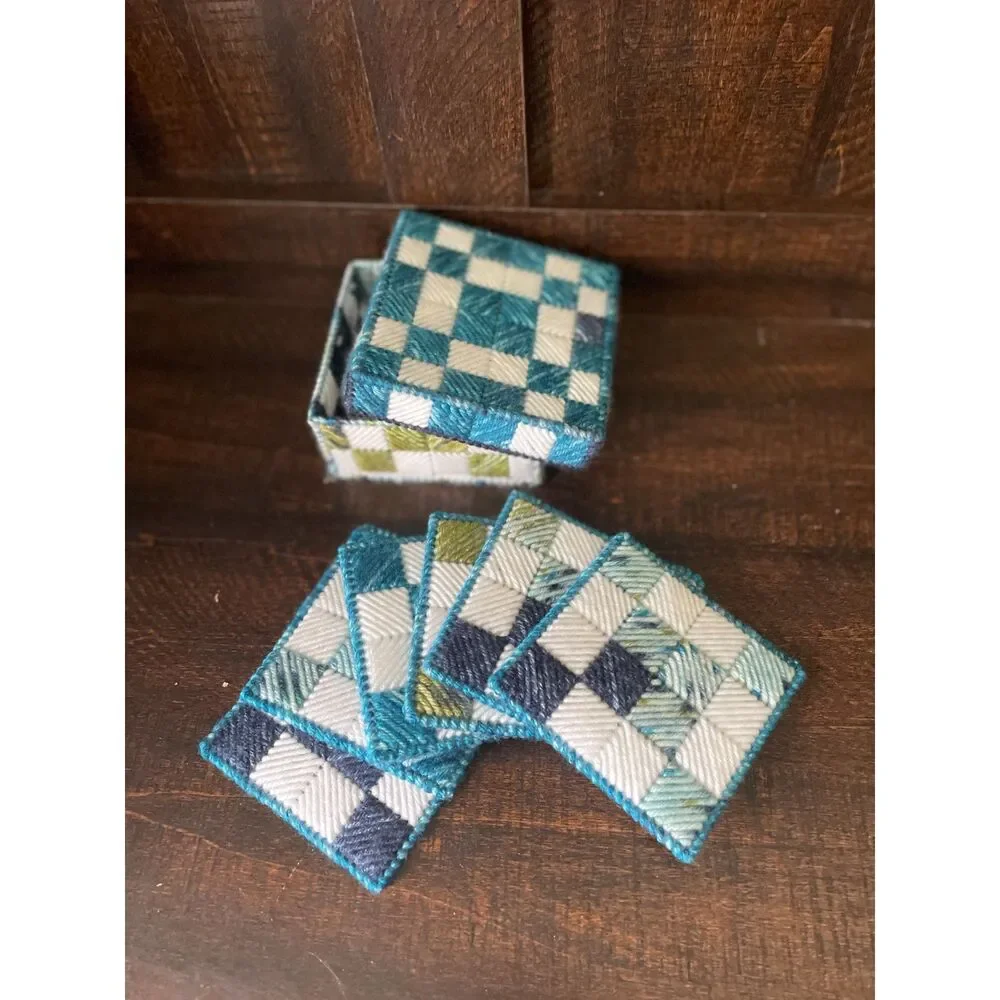 Vintage Hand Stitched Needlepoint Coaster Set w/ Box 6pc Geometric Yarn Art